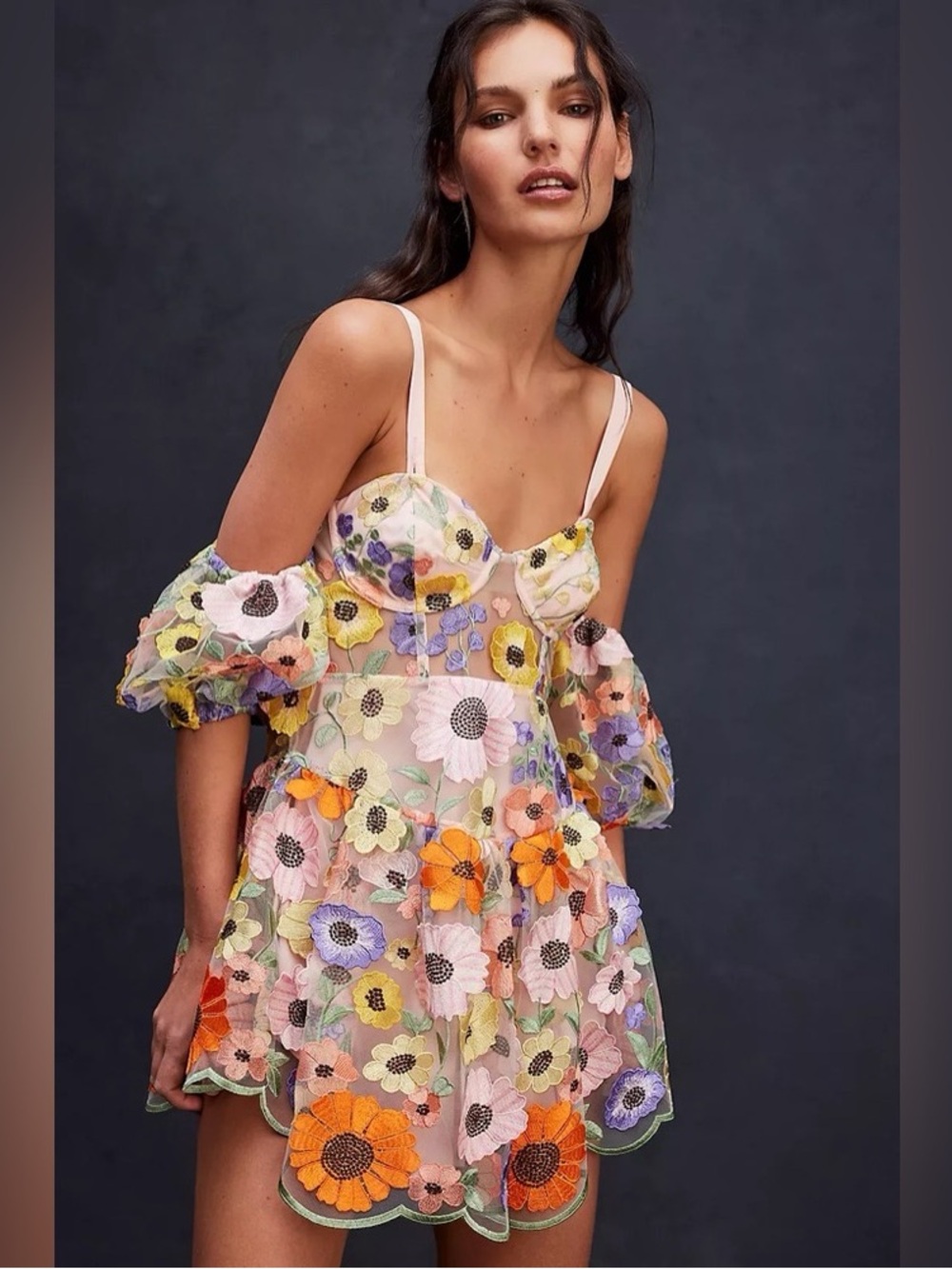 For Love & Lemons Floral Mini Dress in Pink, Orange, Yellow, Purple, Green